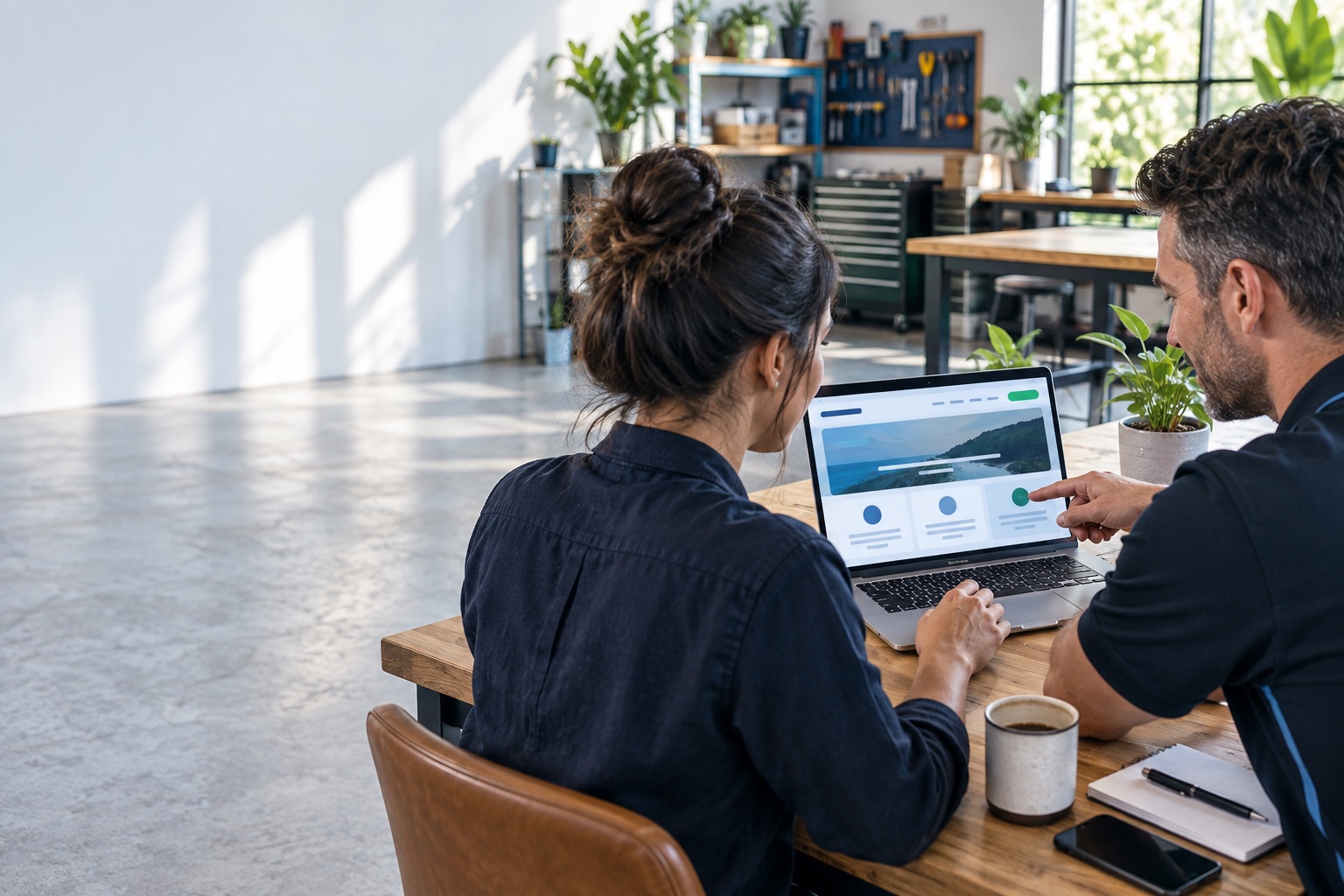 A small-business owner and digital consultant reviewing a new website